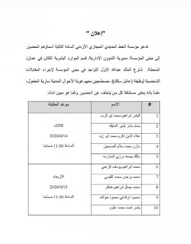 تدعو مؤسسة الخط الحديدى الحجازي الأردني السادة التالية اسماؤهم للحضور لإجراء مقابلات شخصية.